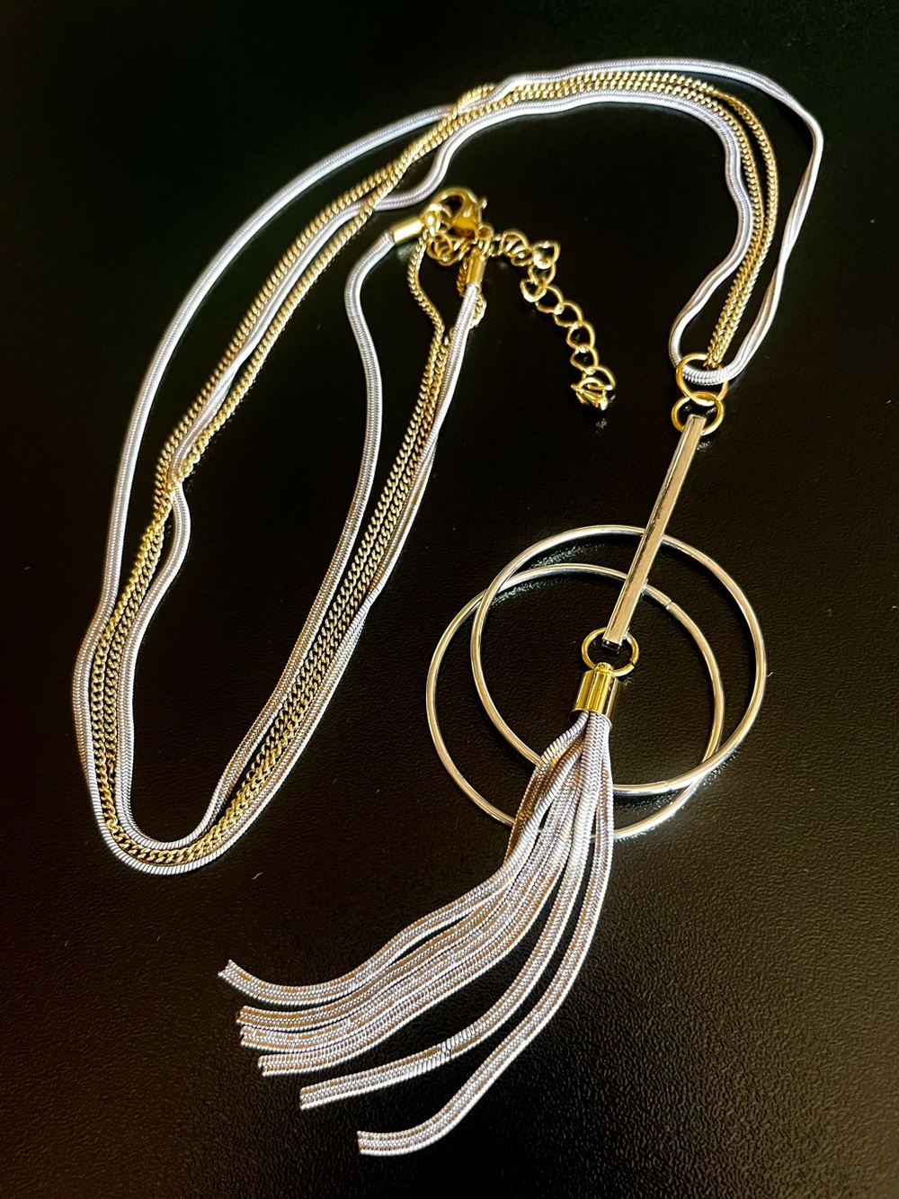 Sleek Gold & Lavender Double Hoop Tassel Pendant Necklace
